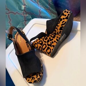 Leopard Print Wedge Sandals with Black Suede Straps